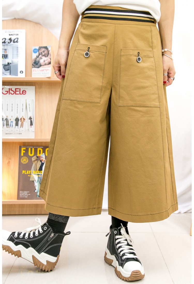 2215-1153A - 日系 -後腰橡根 ‧ 前腰拼色織帶 ‧ 單邊腰位拉鏈 ‧ 扯布料闊褲 (韓國)  